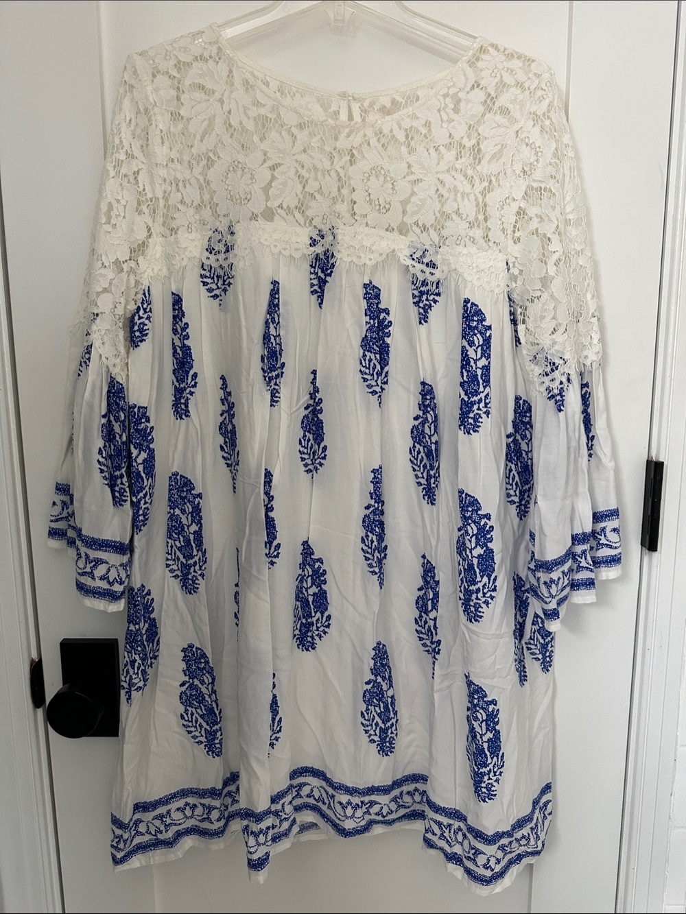 entro White Dress with Blue Floral Block Print and Lace Yoke